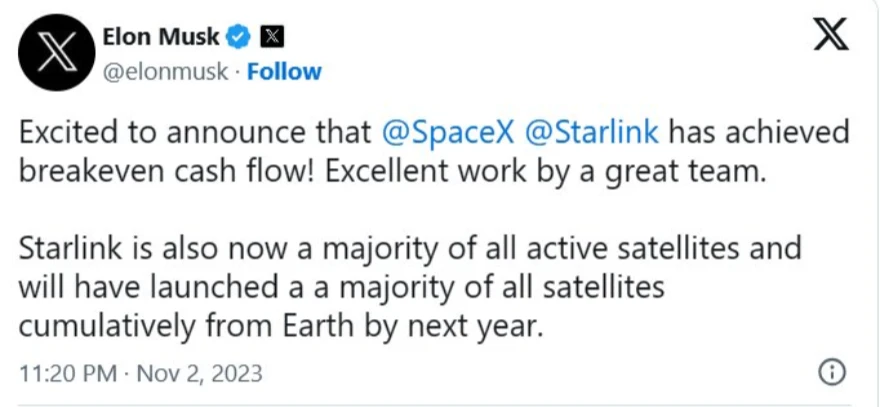 马斯克宣布卫星互联网服务盈亏平衡，SpaceX已经发射5000多颗星链卫星
