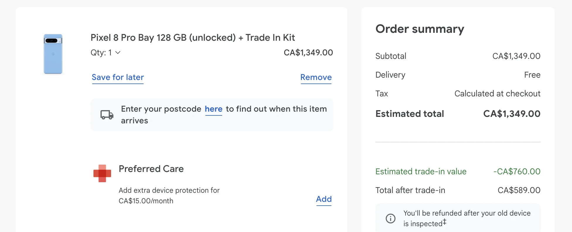加拿大在Google Store谷歌商店这样买Google Pixel 8 Pro无锁版最低589加元