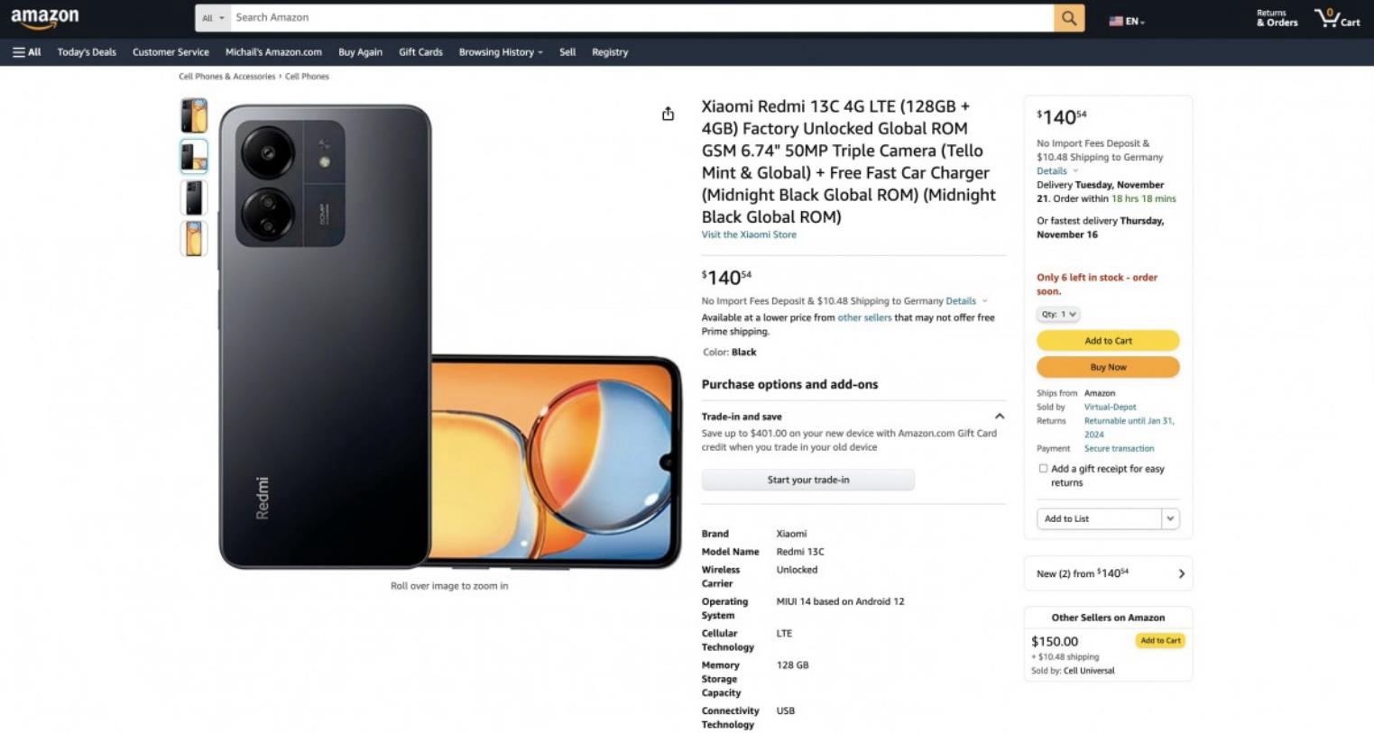 小米Xiaomi Redmi 13C在亚马逊Amazon上市前发布