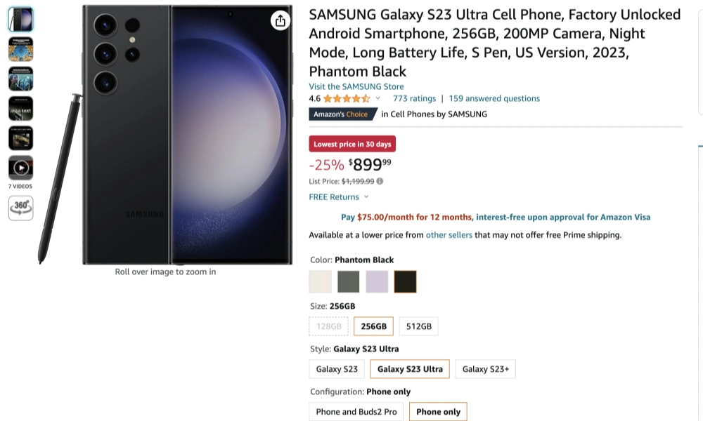 亚马逊美国三星Galaxy S23 Ultra无锁版降价25%节省300美元 创历史新低