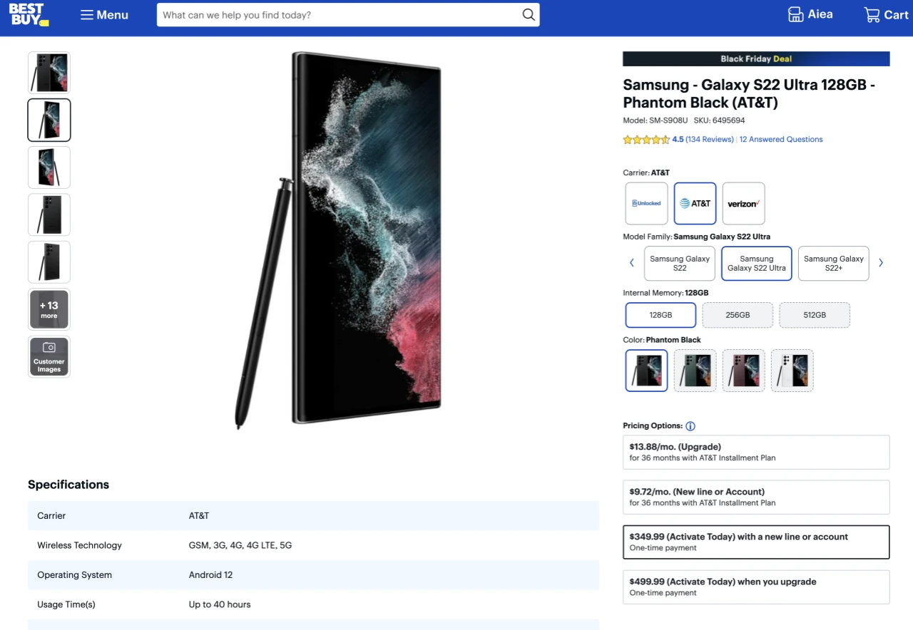黑色星期五三星促销 Samsung Galaxy S22 Ultra百思买美国仅349.99美元
