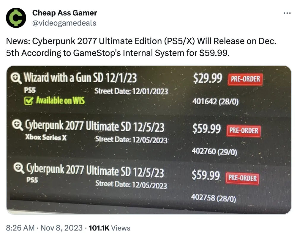 《赛博朋克2077：终极版》实体游戏封面泄露，Xbox和PS5版定价59.99美元