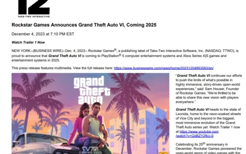 《GTA 6》确认2025年登陆PS5和Xbox Series X|S平台，突破开放世界极限