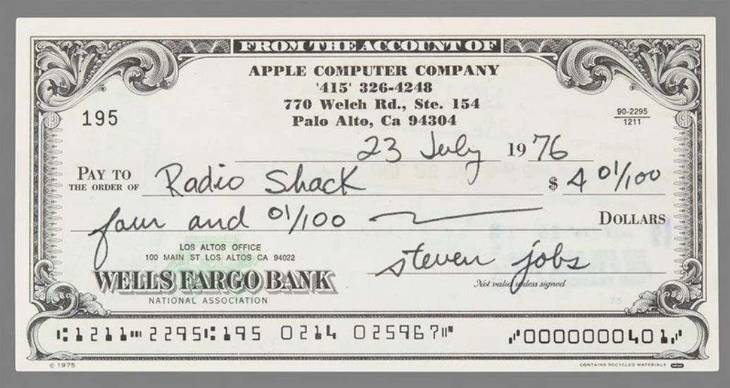 消息称乔布斯签名的苹果Apple电脑支票有望拍出2.5万美元高价