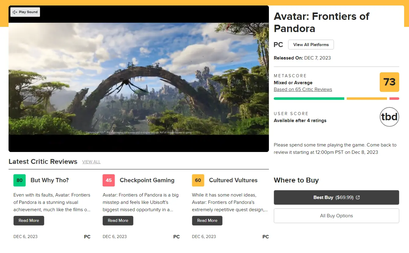 《阿凡达：潘多拉边境》游戏评论解禁：IGN评分7分，M站73%