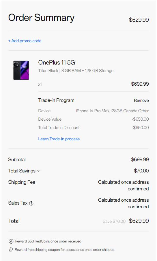 如果你有iPhone 14 Pro Max 可以免费获得OnePlus 11 5G，立省630美元