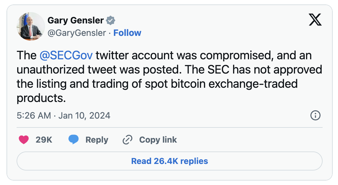 Gensler 在“未经授权”推文宣布比特币现货 ETF 获批后声称 SEC X 账户“遭到入侵”