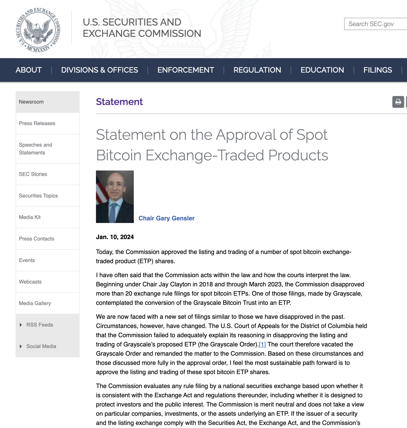 美国证监会关于批准比特币现货ETF声明（全文）