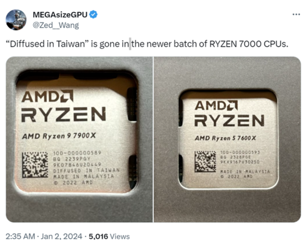 官方确认！AMD处理器表面全部去除“Taiwan”字样