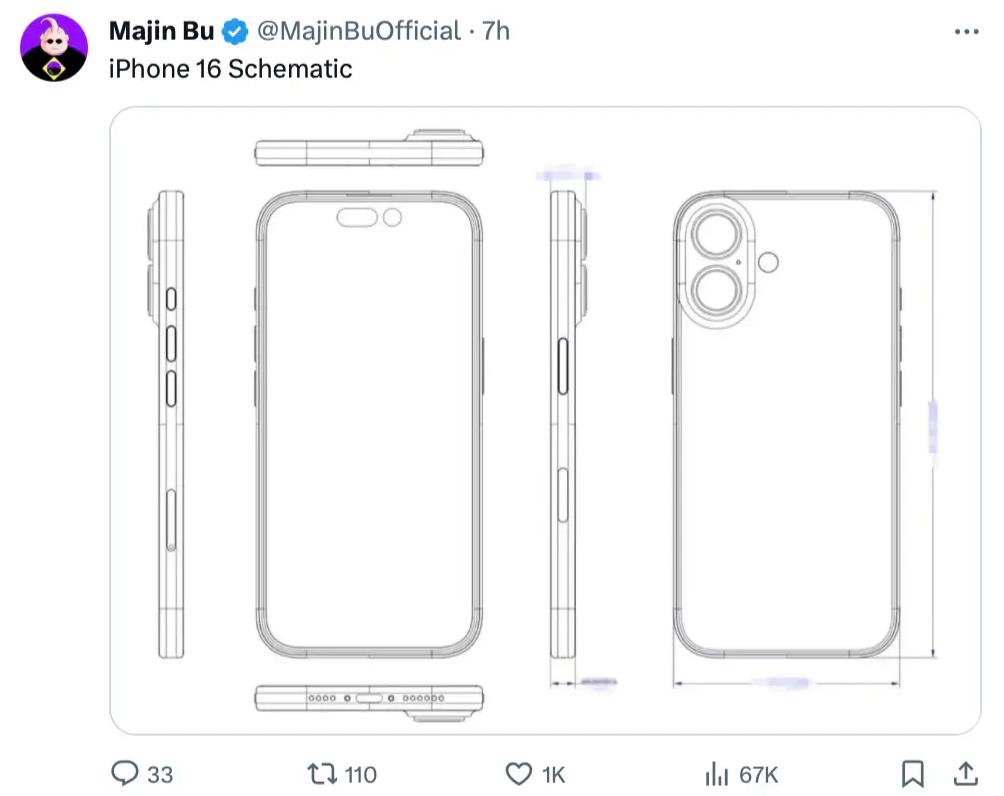 蘋果Apple iPhone 16設(shè)計圖曝光：豎排雙攝與全新拍照按鈕