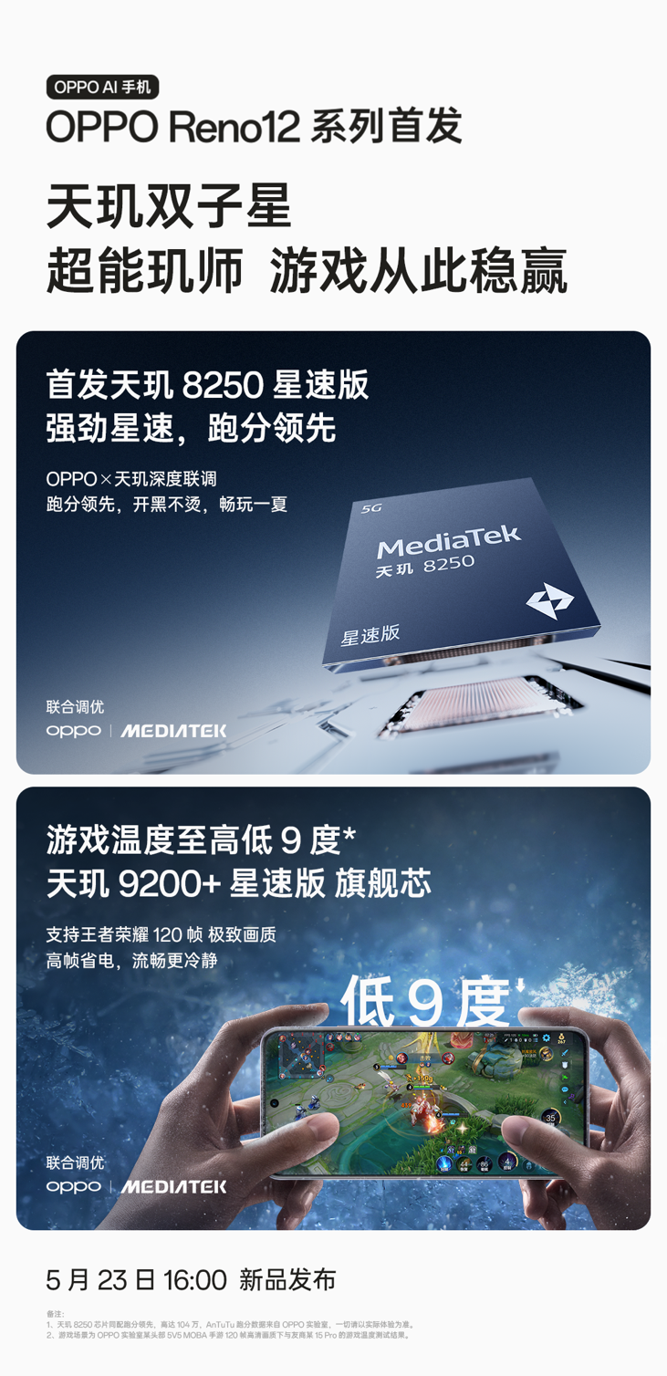 游戲溫度至高低9度，OPPO Reno12 系列5月23日發布