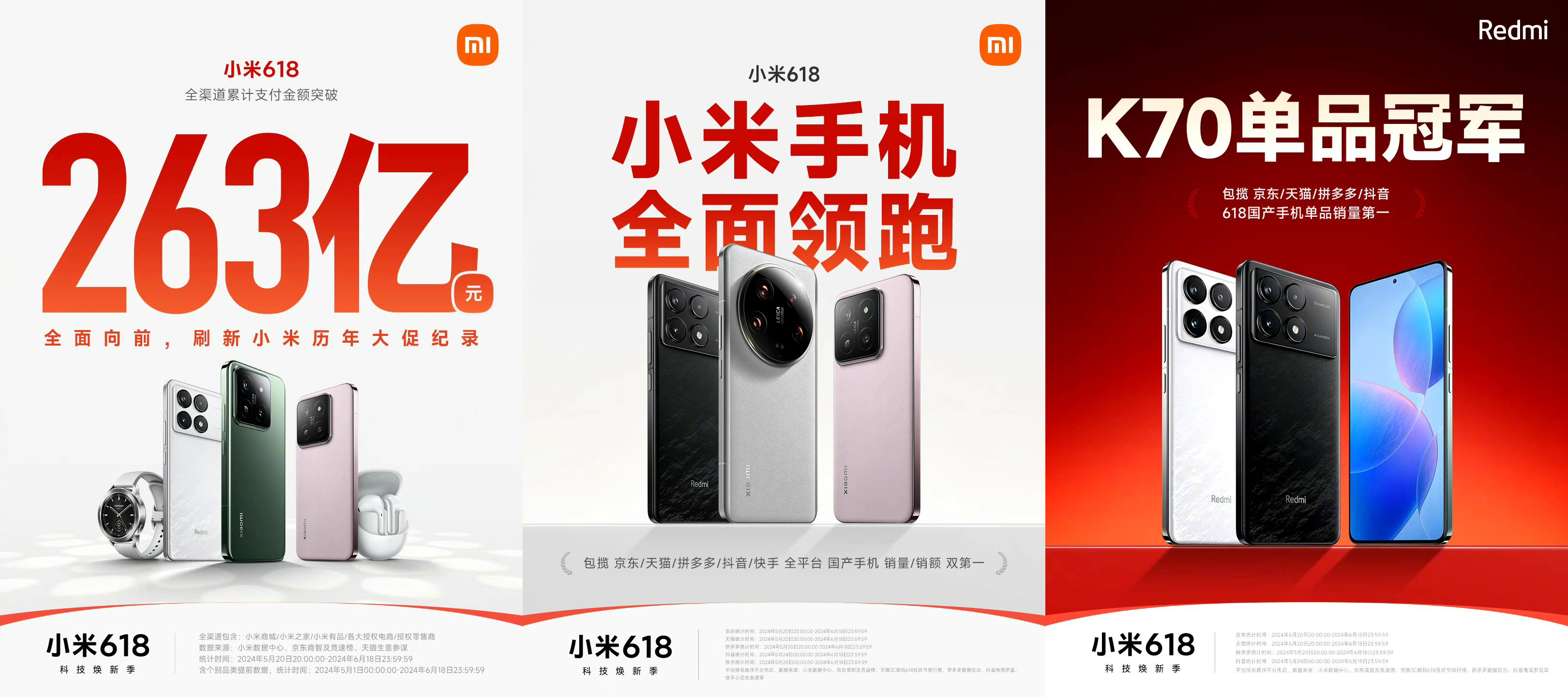 小米618再创新高，Redmi K70获京东天猫多平台国产手机销量冠军