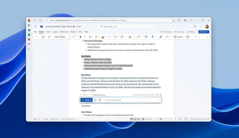 微軟Word“Draft with Copilot”功能大升級：智能改寫、擴寫與多語言轉換