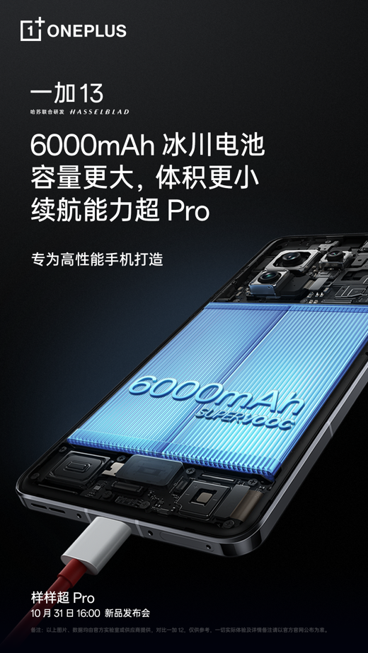 一加 13 搭載 6000mAh 超大容量冰川電池及雙閃充組合，續航體驗超 Pro